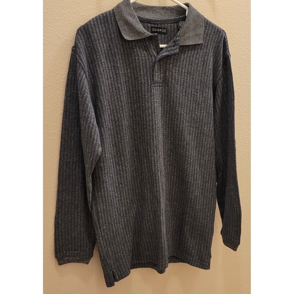 George men's small collared long-sleeved.Dark gray striped pull over.